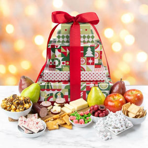 fruit, cheese and nut basket tied with a Christmas ribbon